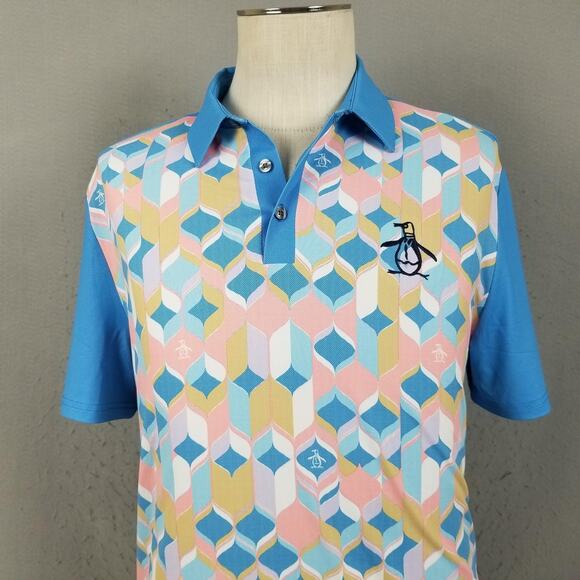 Original Penguin Polo Shirt Mens Medium Blue Multicolor Geometric Golf Stretch - Picture 2 of 13